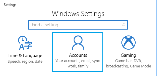 Windows 设置屏幕上的帐户选项卡