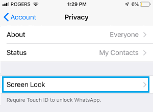 WhatsApp 隐私屏幕上的屏幕锁定选项卡