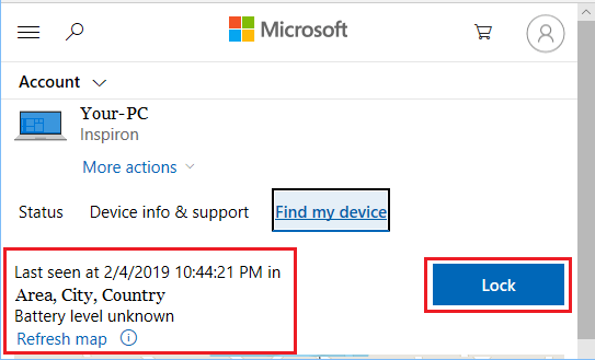 在 Microsoft 帐户中查找我的设备选项