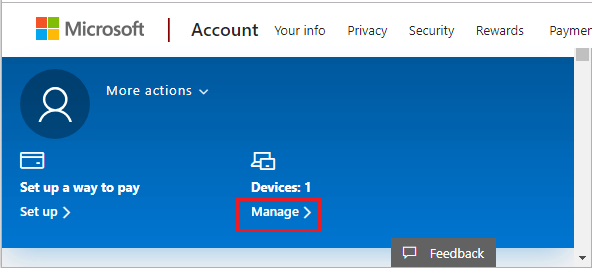 Microsoft 帐户中的管理设备选项