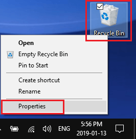 在 Windows 10 中打开回收站属性
