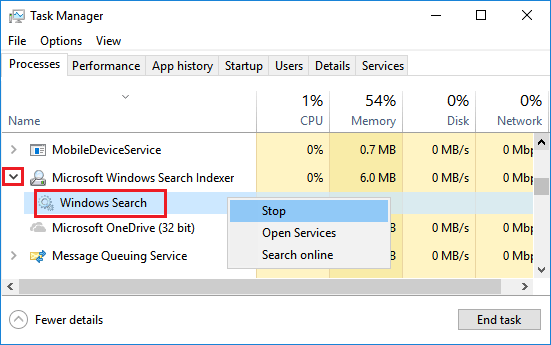 在任务管理器中停止 Windows 搜索服务