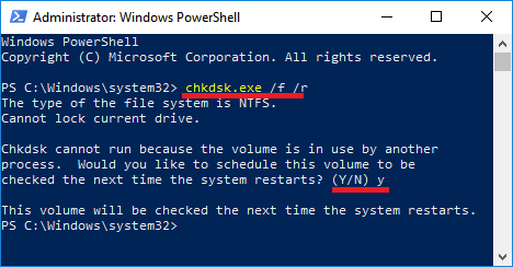 在 Windows PowerShell 中运行 chkdsk 命令