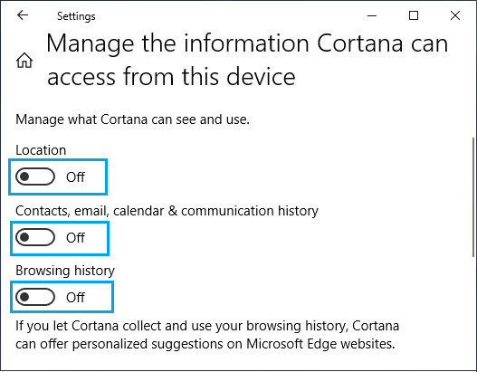禁用 Cortana 的位置、联系人、浏览历史记录收集