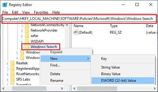 在 Windows 搜索文件夹中创建新的 DWORD