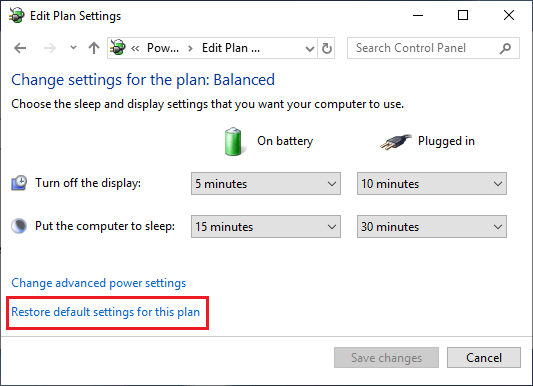 Windows 10 中的恢复默认电源设置选项