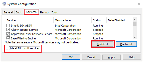 使用系统配置在 Windows PC 上启用所有服务
