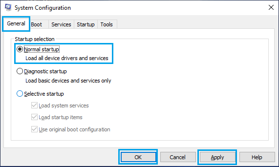 Windows 系统配置屏幕上的正常启动选项