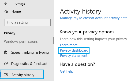 Windows 10 中的隐私仪表板链接