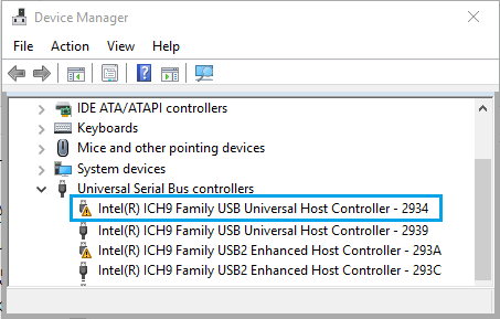 设备管理器屏幕上出现故障的 USB 控制器