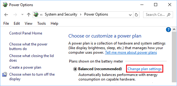 Windows 控制面板中的更改电源计划设置选项