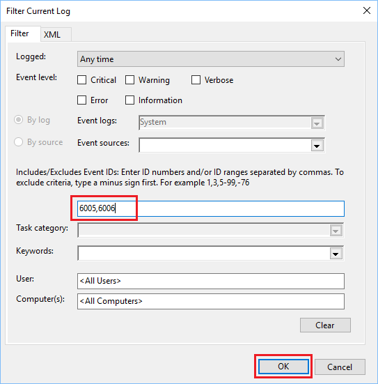 按事件 ID 过滤 Windows 系统日志