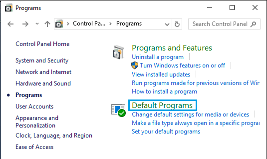 Windows 控制面板中的默认程序选项