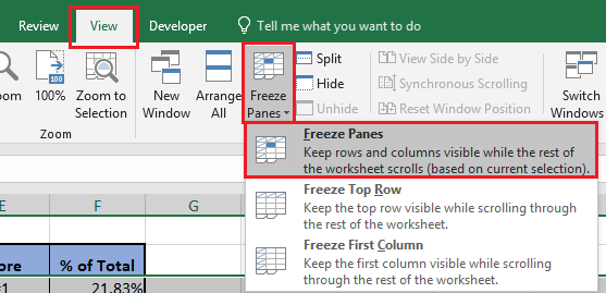 Excel 中的冻结窗格选项