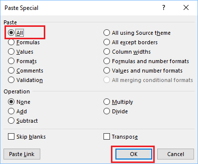 在 Excel 中粘贴特殊对话框