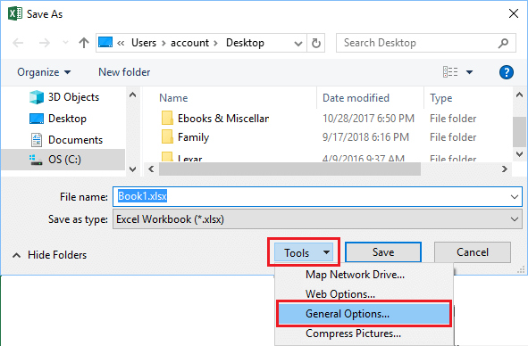 Excel 中的另存为工具常规选项