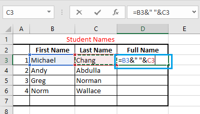 在 Excel 中使用“&”运算符合并数据并插入空格