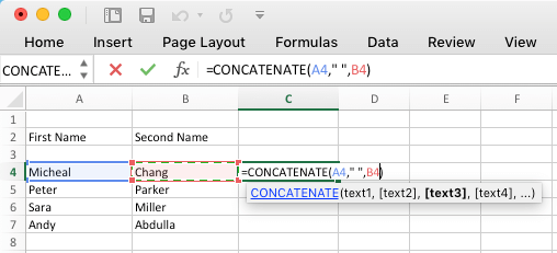 在 Microsoft Excel 中使用连接函数合并文本字符串
