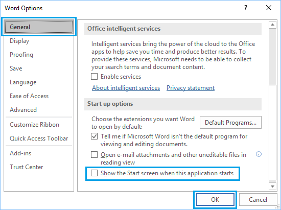 在 Microsoft Word 中禁用开始屏幕