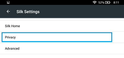 Kindle Fire 上的 Silk 隐私设置选项