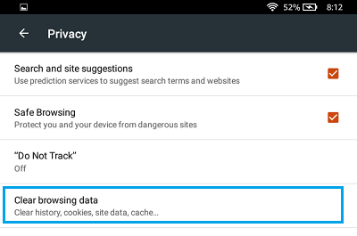 Kindle Fire 上的清除浏览数据选项