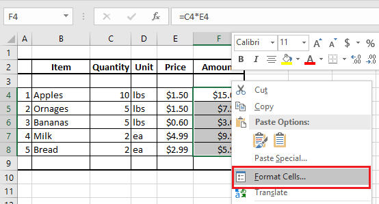 Excel 中的“设置单元格格式”选项