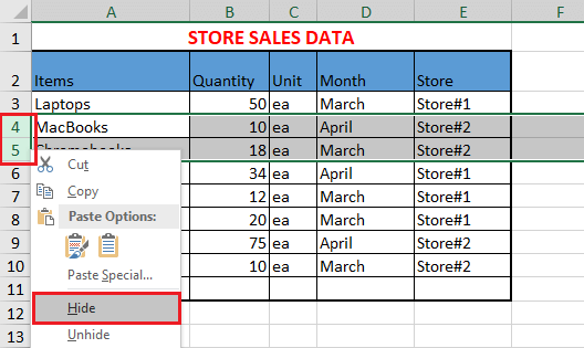 在 Excel 中隐藏行