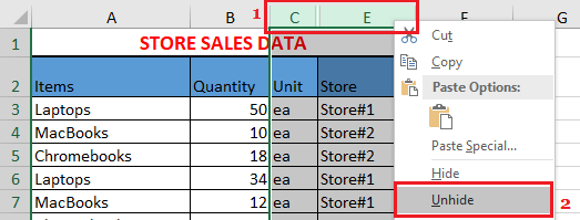 在 Excel 中取消隐藏列