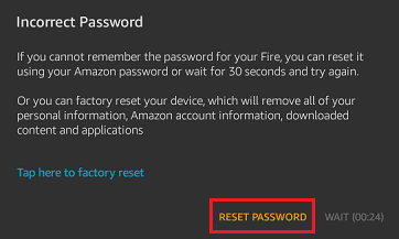 Kindle Fire 上的重置密码选项
