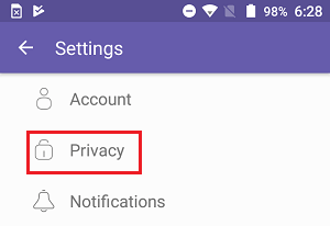 Android 手机上 Viber 中的隐私选项卡