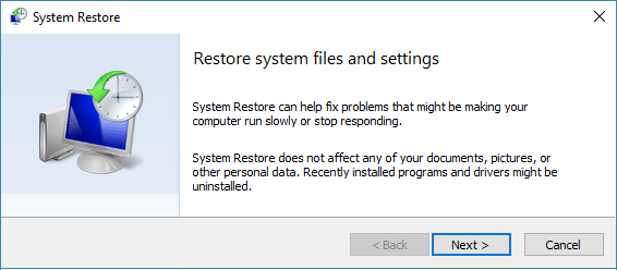 Windows 10 中的系统还原开始屏幕