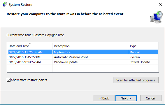 使用系统还原点还原 Windows 计算机