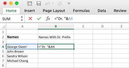 使用“&”运算符在 Excel 中添加前缀