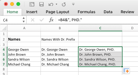 使用“&”运算符向 Excel 中的单元格组添加后缀