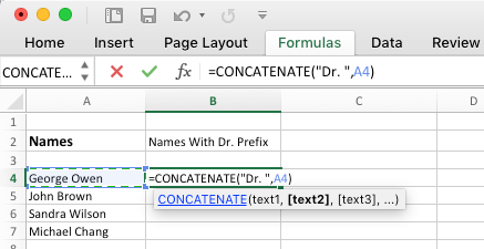 使用连接函数在 Excel 中添加前缀