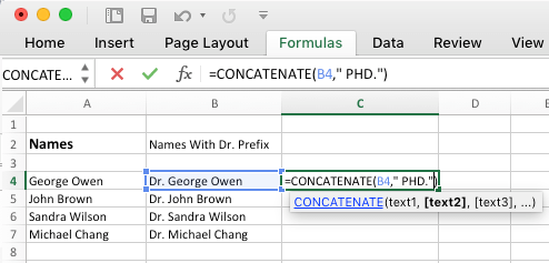 使用连接函数在 Excel 中添加后缀