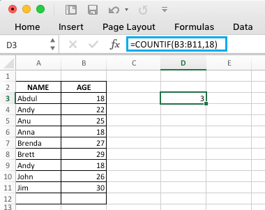Excel COUNTIF 函数计算等于数字的值