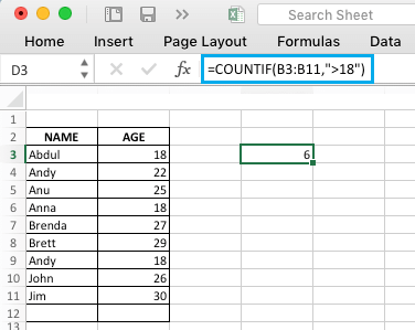 Excel COUNTIF 函数计算大于数字的值
