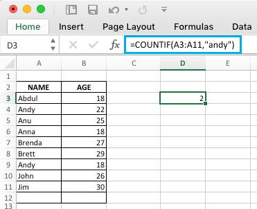 Excel COUNTIF函数统计同名人数