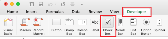 Excel 中的开发人员选项卡和复选框选项