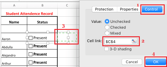 将复选框链接到 Excel 中的单元格