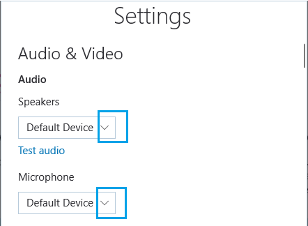 在 Skype 设置屏幕上选择扬声器和麦克风