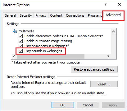 在网页中播放声音 Internet 高级选项中的选项