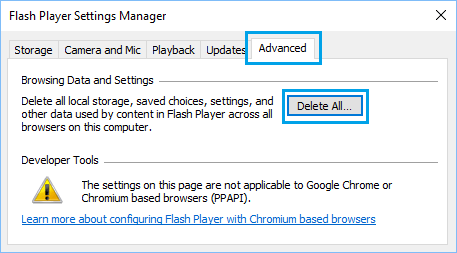 在 Windows 10 中删除 Flash Player 数据和设置选项