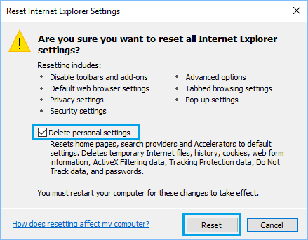 重置 Internet Explorer 设置和删除个人设置