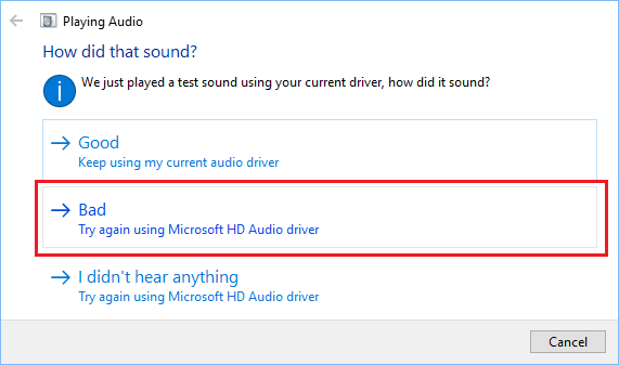 尝试在 Windows 10 中使用 Microsoft HD 音频驱动程序播放音频