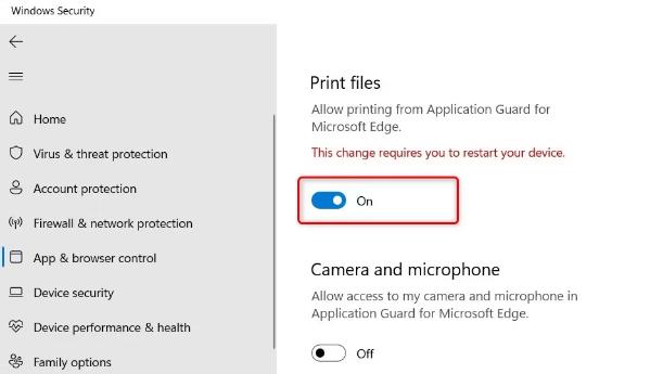 如何在Windows11上的Edge应用程序防护中启用打印