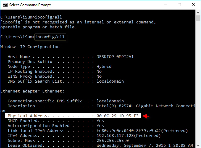 执行ipconfig/all命令