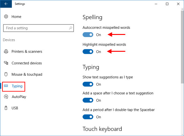 关闭Windows10中的自动更正和拼写检查器