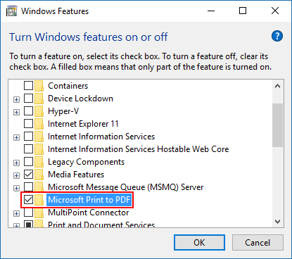 检查 Microsoft 打印到 PDF 选项